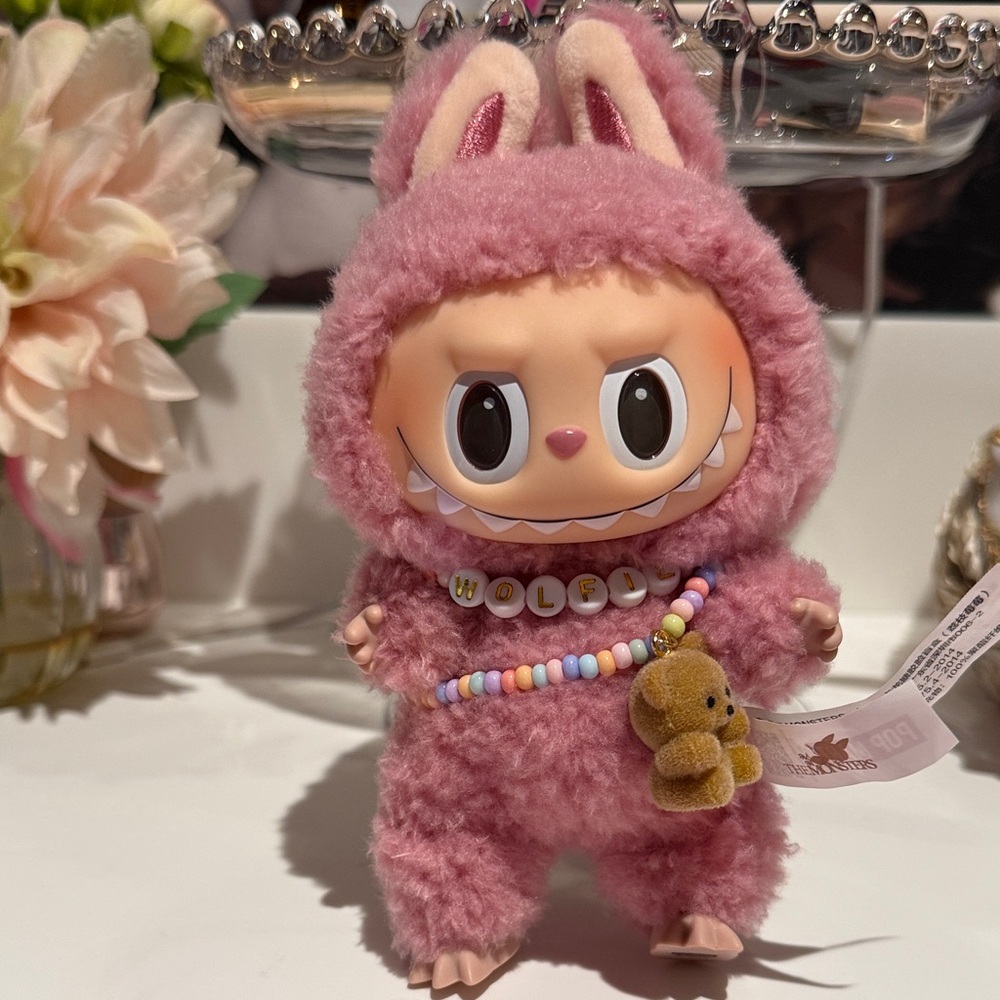 Authentic Labubu with Beaded Necklace and Teddy Bear Charm
